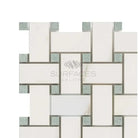 White and green mosaic tile pattern from Calacatta Gold Select Gold Basketweave Mosaic marble tile