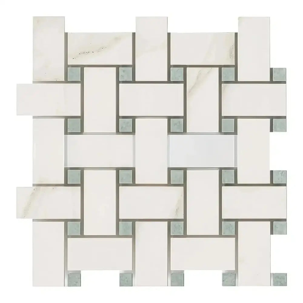 Woven white and gray tile mosaic from Calacatta Gold Select Gold Basketweave Mosaic