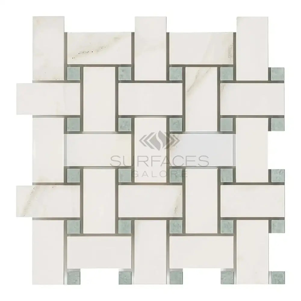 Woven white and gray tile mosaic from Calacatta Gold Select Gold Basketweave Marble Tile