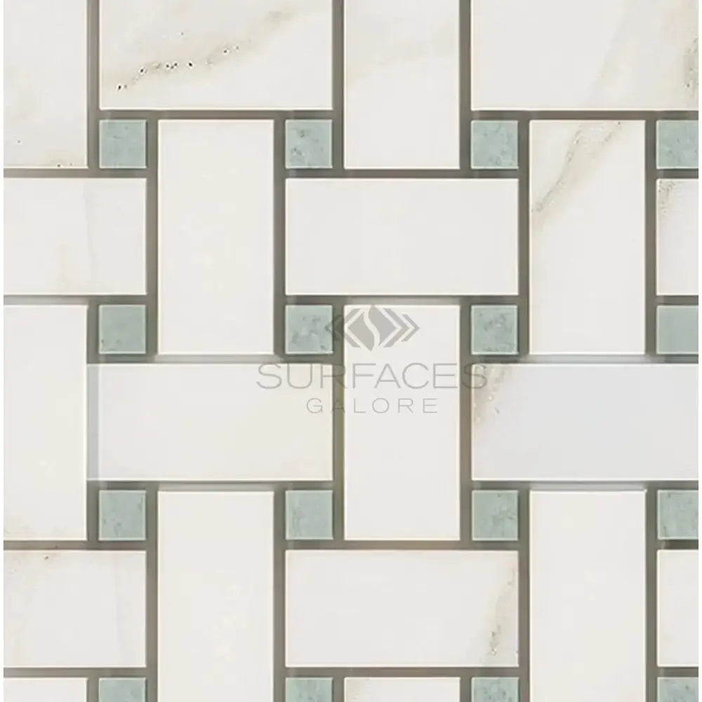 White and green mosaic tile pattern for Calacatta Gold Select Basketweave Mosaic marble tile