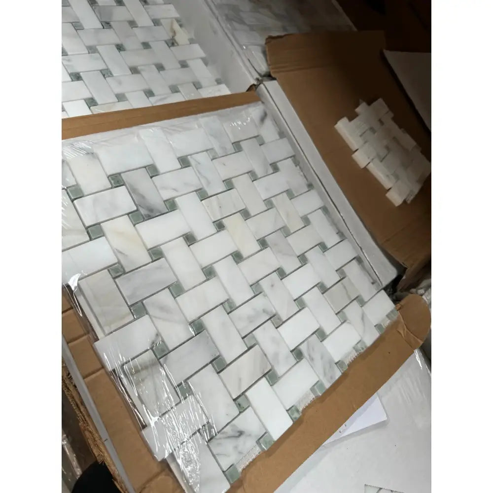 Calacatta Oro (Gold) Select Basketweave Mosaic (w/Ming-Green) Mosaic Marble Tile-American Stone