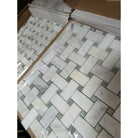 Calacatta Gold Select Basketweave Marble Mosaic Tile Sheets with Ming-Green accents