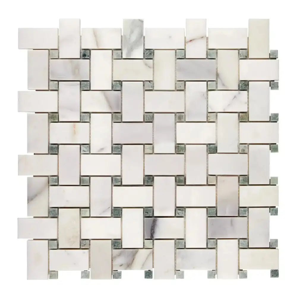 Woven White Marble Mosaic Tile from Calacatta Gold Select with Ming-Green accents