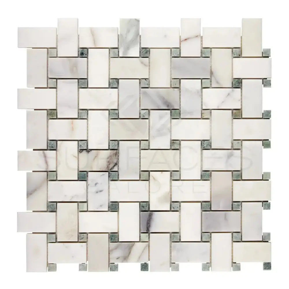 Woven marble mosaic tile showcasing Calacatta Gold and Ming-Green colors with polished or honed finish