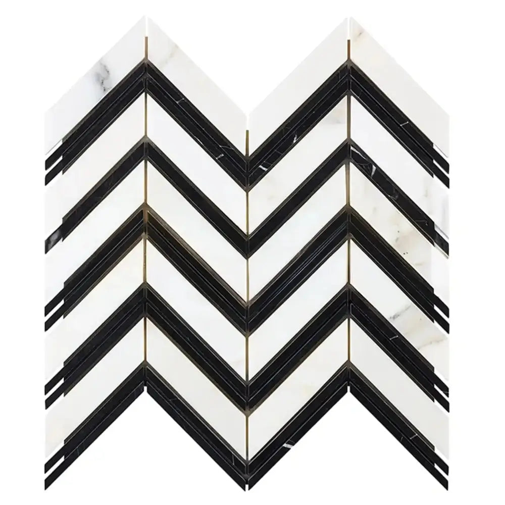 Chevron patterned tile mosaic in Calacatta Gold Select Gold with black accents