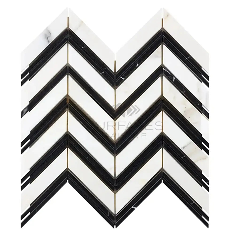 Chevron patterned Calacatta Gold marble mosaic tile with black accents