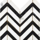 Chevron patterned marble tile in Calacatta Gold with black accents, polished or honed finish