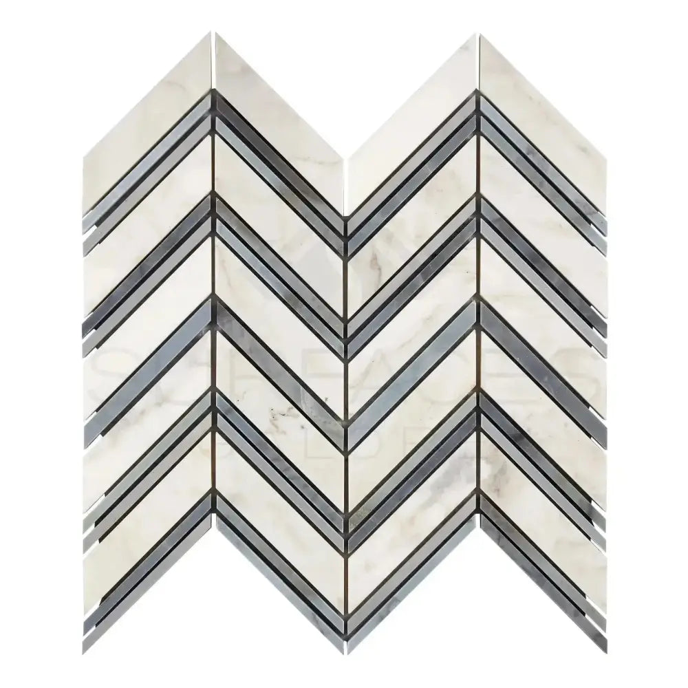 Chevron patterned mosaic tile in Calacatta Gold with Blue-Gray accents, polished or honed