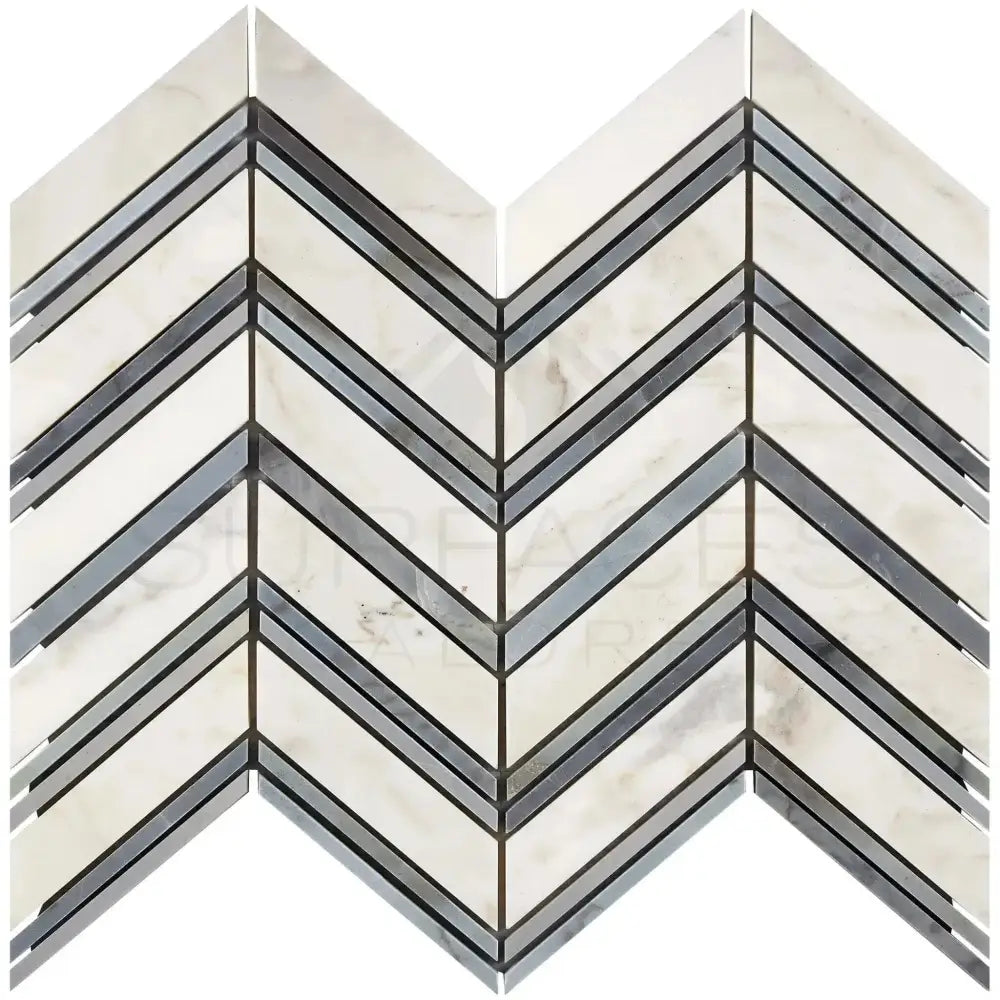 Chevron patterned Calacatta Gold Select mosaic marble tile with blue-gray accents