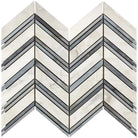 Chevron patterned Calacatta Gold Select mosaic marble tile with blue-gray accents