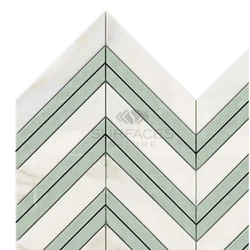 Chevron patterned Calacatta Gold Select Mosaic Marble Tile with Ming-Green accents