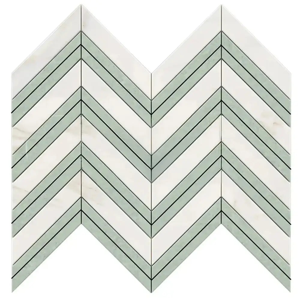 Calacatta Gold Select Gold Chevron Mosaic Marble Tile with Ming-Green details