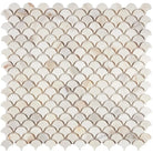 Scalloped marble mosaic tile from Calacatta Gold Select Gold Fan Raindrop collection