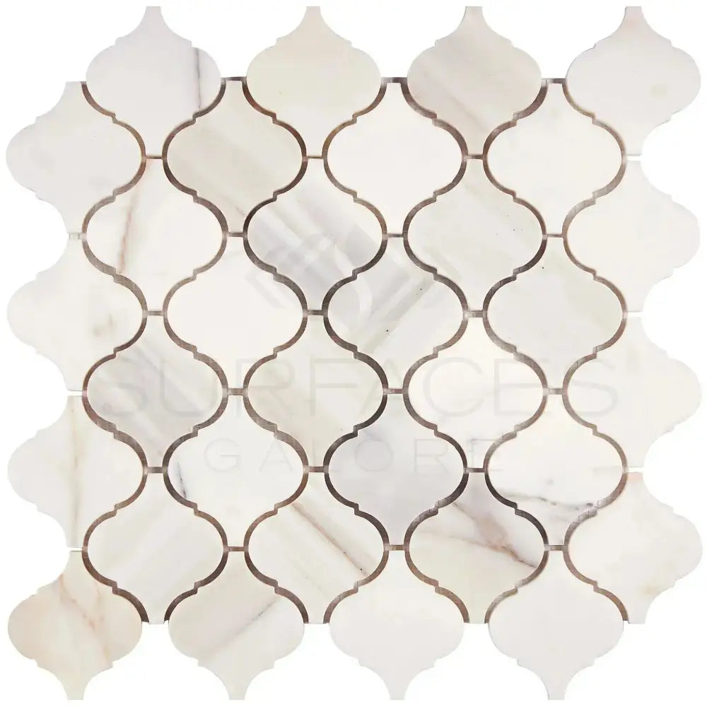 White marble arabesque mosaic tile from Calacatta Gold Select with polished or honed finish