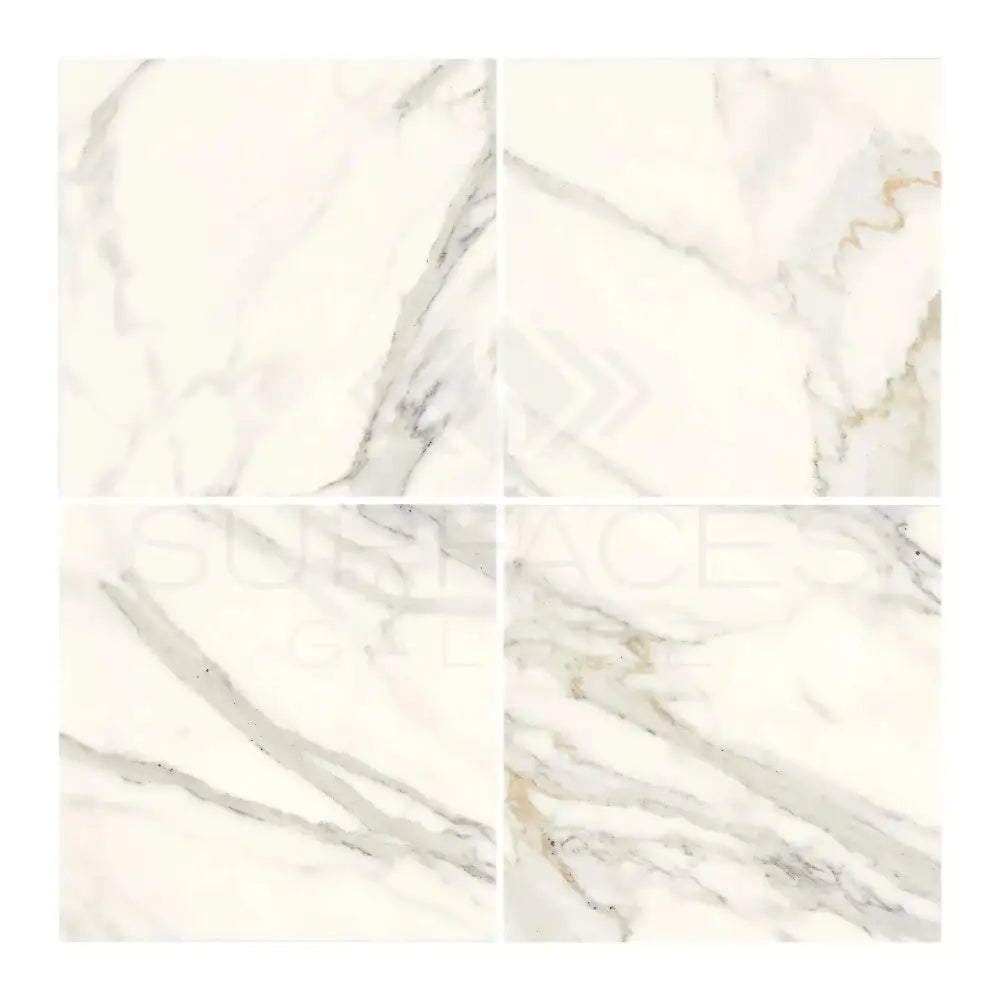 Four Calacatta Gold Select marble-patterned tiles in polished finish