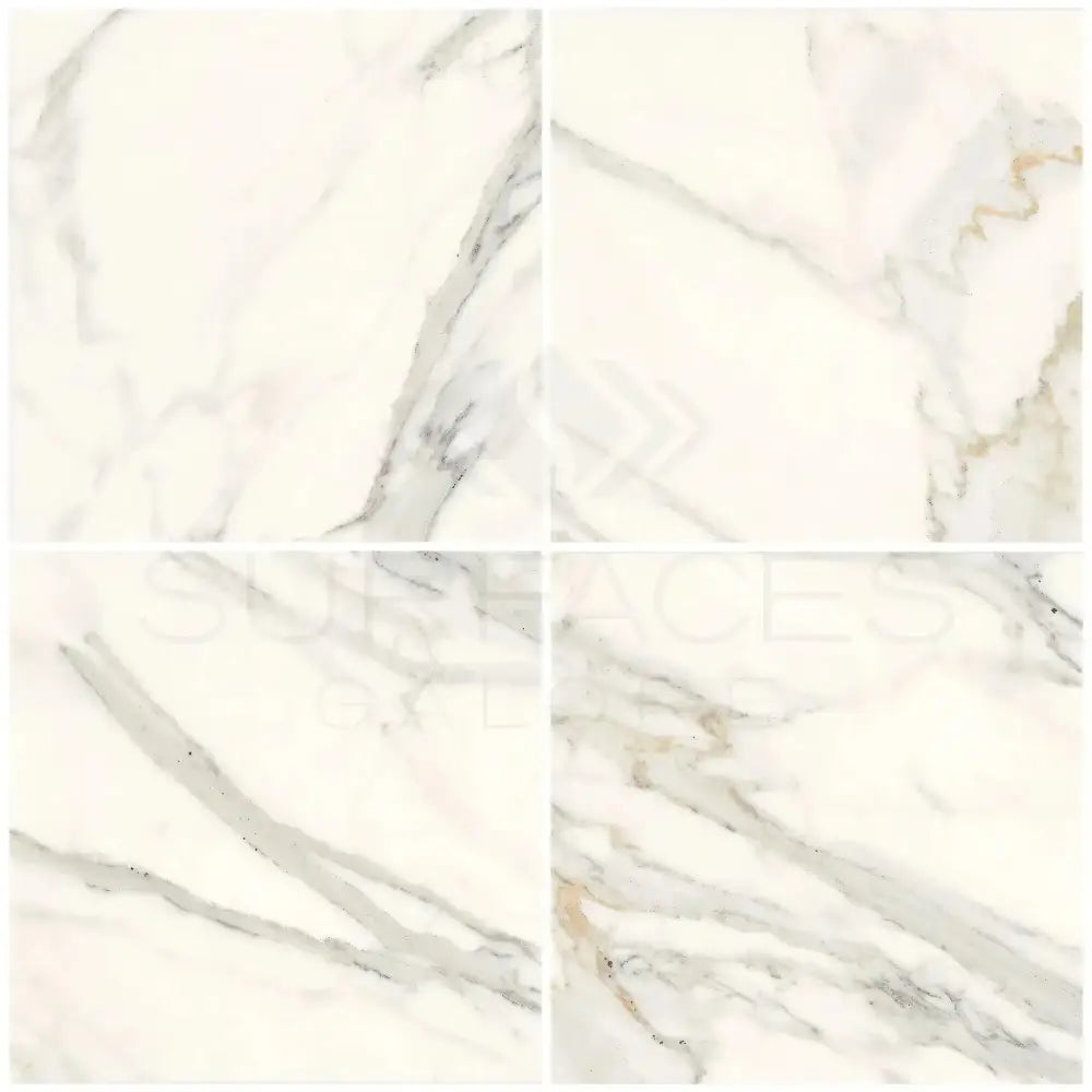 Four Calacatta Gold marble-patterned tiles 18x18 polished or honed for elegant flooring