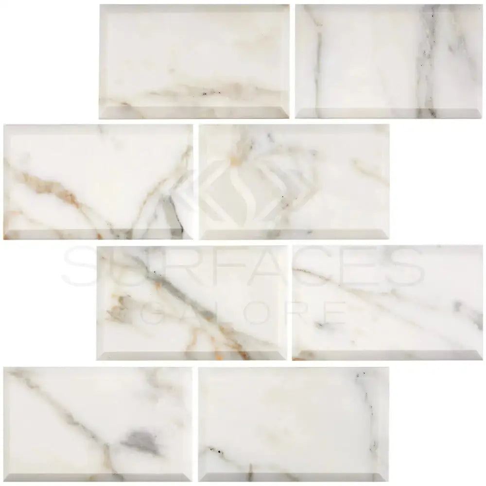 Rectangular Calacatta Gold Select marble tiles with deep-beveled polished-honed finish