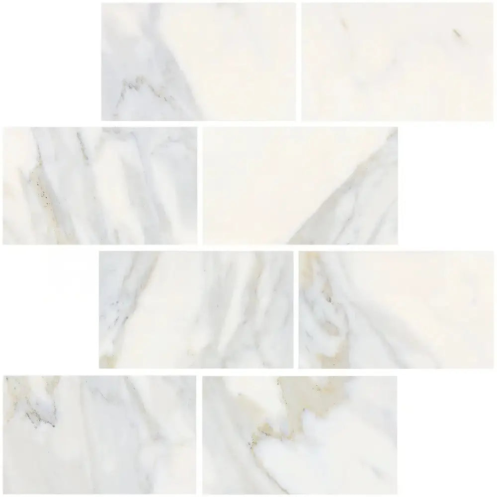 Marble-patterned tiles from Calacatta Gold Select Gold Marble 3X6 in polished or honed finish
