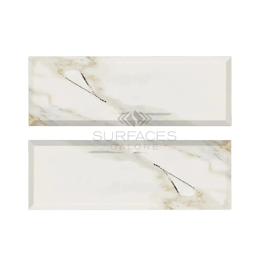 Rectangular Calacatta Gold Select marble-patterned tiles with deep-beveled polished-honed finish