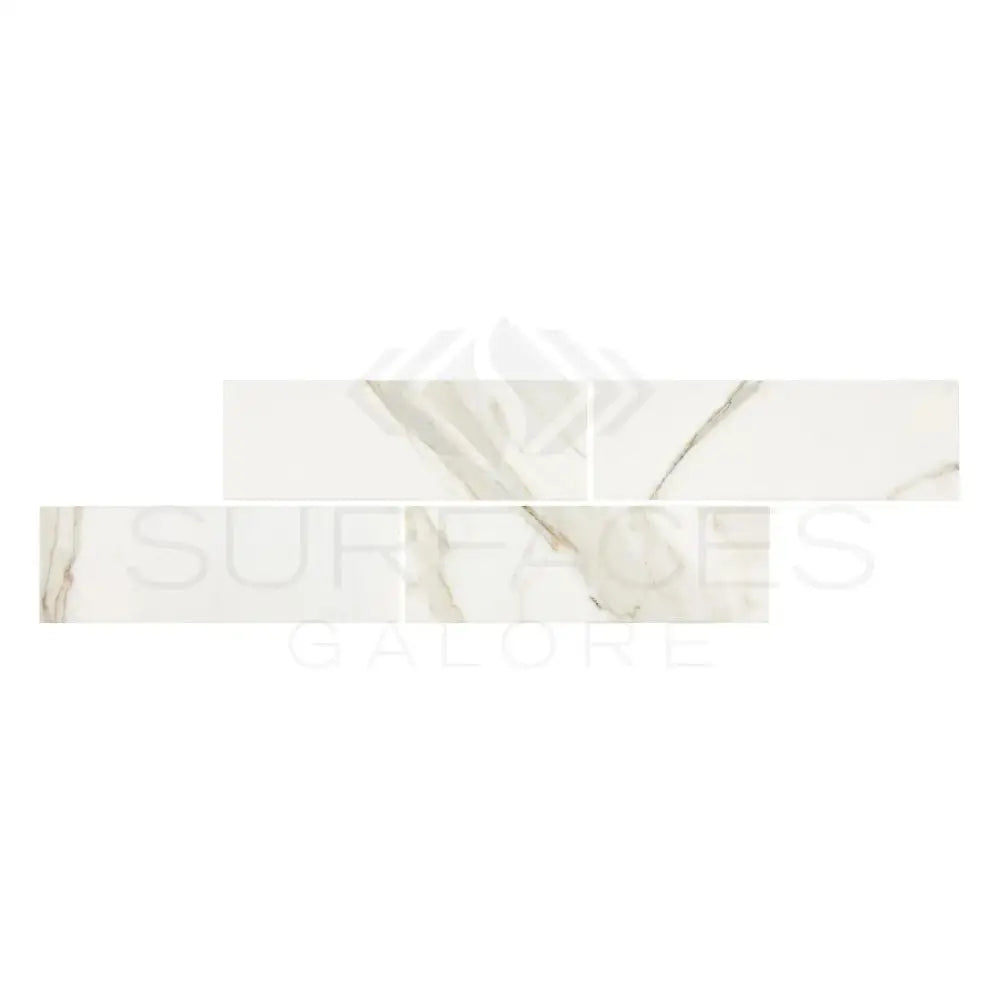 White marble-patterned tiles from Calacatta Gold Select Gold Marble 4X12 collection