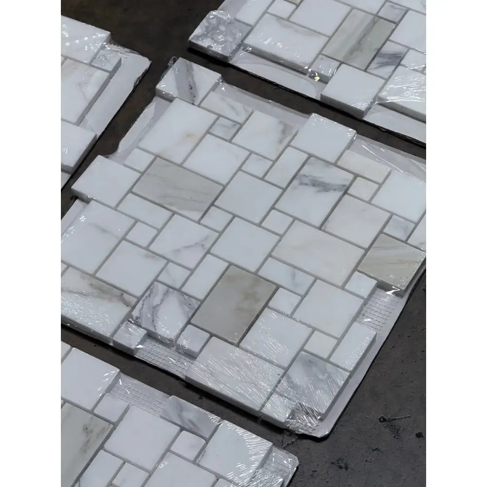 Marble mosaic tile sheets in Calacatta Gold Select Mini-Versailles pattern