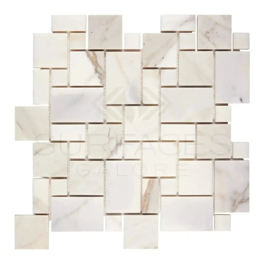 Marble mosaic tile sheet featuring Calacatta Gold Select Mini-Versailles pattern