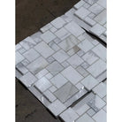 White marble mosaic tile sheets in Calacatta Gold Select Mini-Versailles pattern