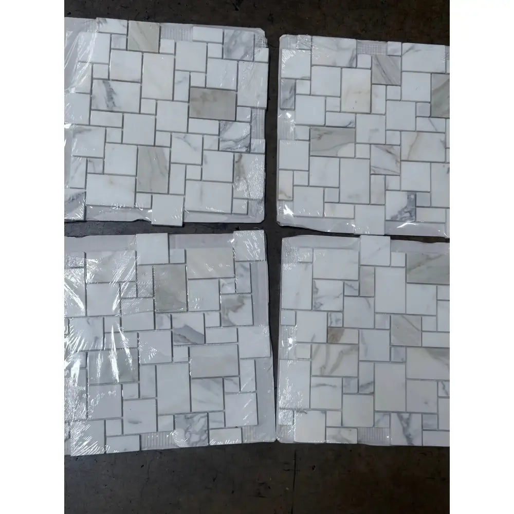 Four mosaic tile sheets for Calacatta Gold Select Mini-Versailles Pattern Marble Tiles