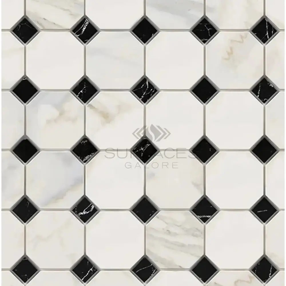 Black and white checkered tile pattern on Calacatta Gold Select Mosaic Marble Tile