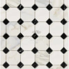 Black and white checkered tile pattern on Calacatta Gold Select Mosaic Marble Tile