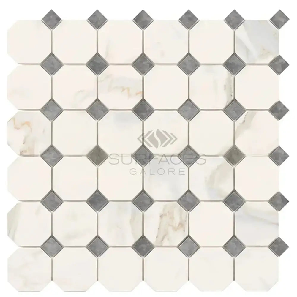 Octagon and diamond mosaic marble tile from Calacatta Gold Select with Blue-Gray accents