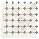 Octagon and diamond mosaic marble tile from Calacatta Gold Select with Blue-Gray accents