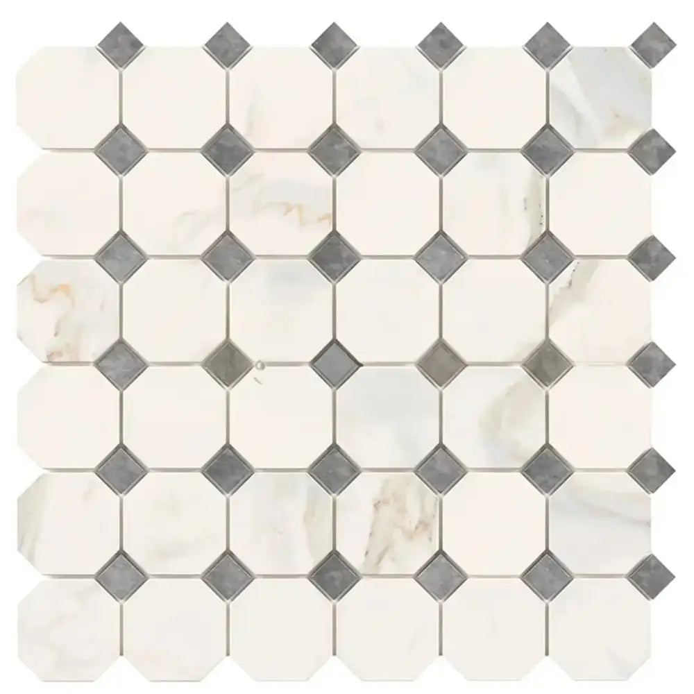 Calacatta Gold Select Gold Octagon and Diamond Mosaic Marble Tile with Blue-Gray Finish