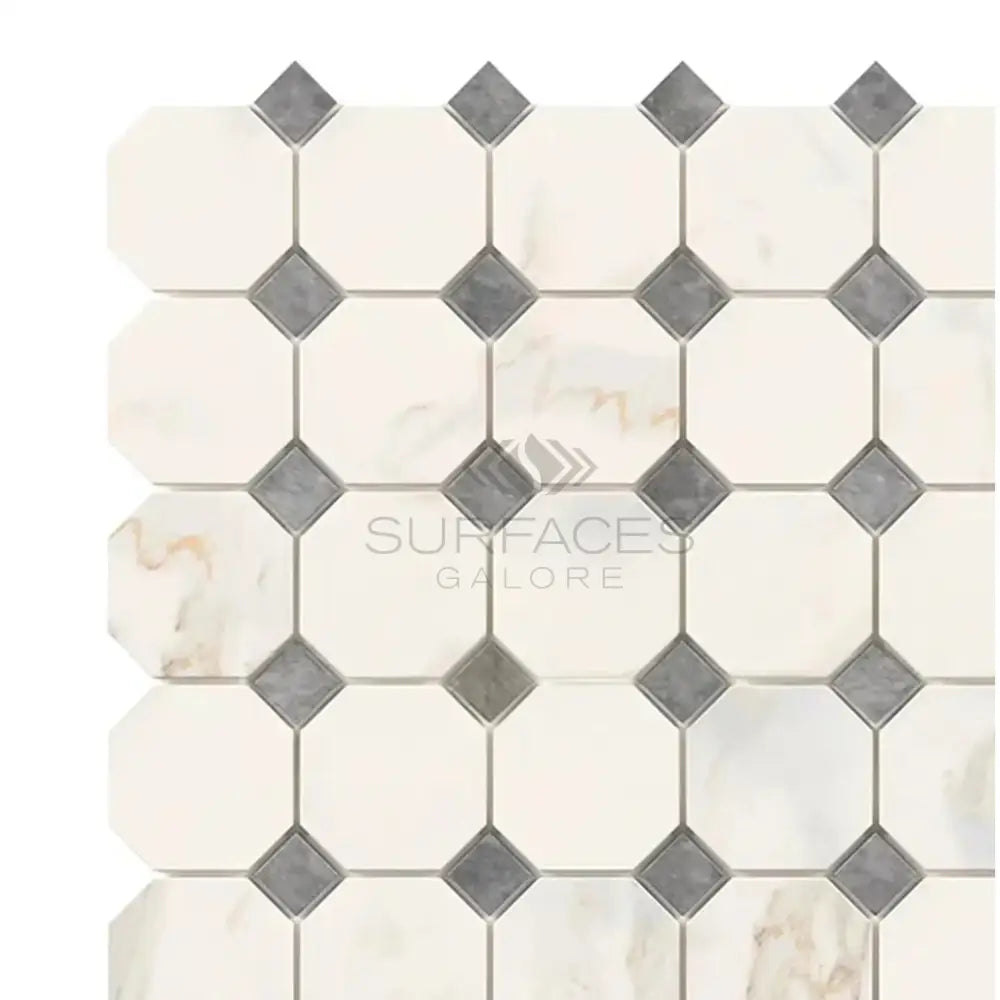 Calacatta Gold Select Gold Octagon and Diamond Marble Tile Mosaic in Blue-Gray Finish