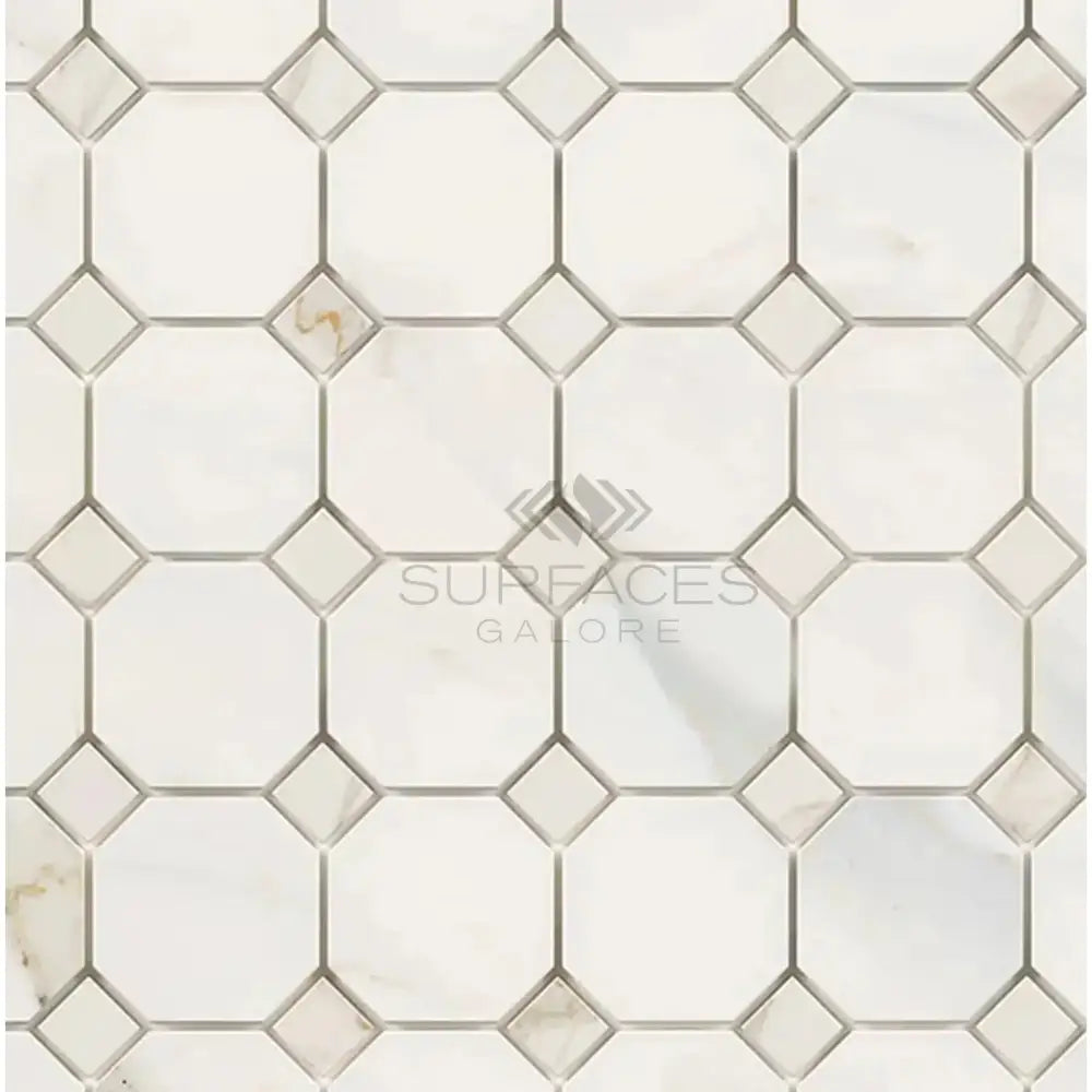 White and beige octagon and diamond mosaic marble tile pattern for Calacatta Gold Select