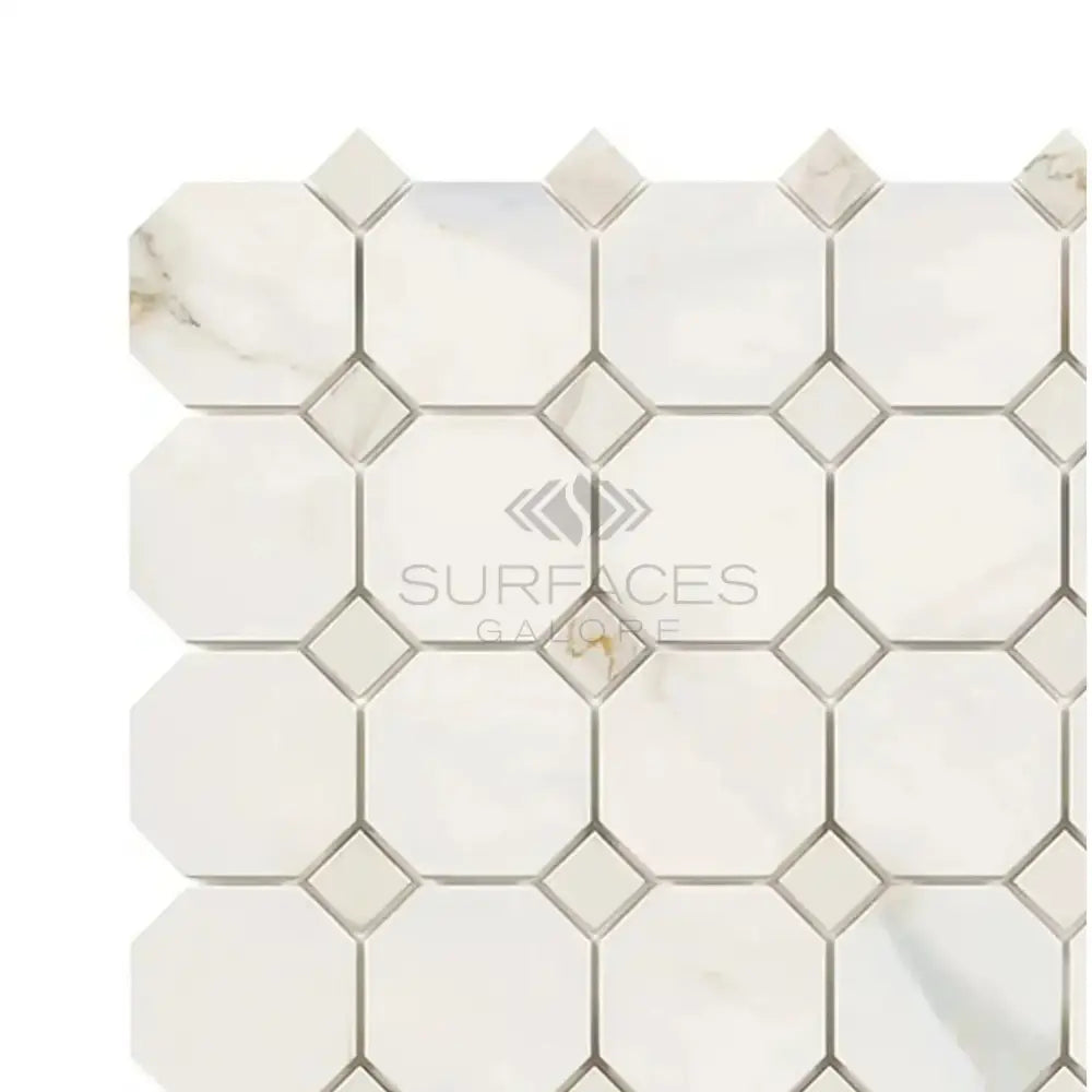 White octagon and diamond tile mosaic from Calacatta Gold Select Gold Marble Tile collection