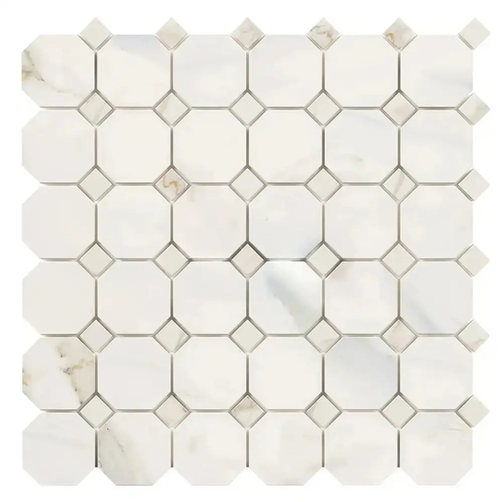 White marble octagon and diamond mosaic tile from Calacatta Gold Select collection
