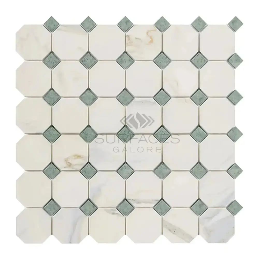 Calacatta Gold Select Gold Octagon Mosaic Marble Tile Sheet with Ming Green accents