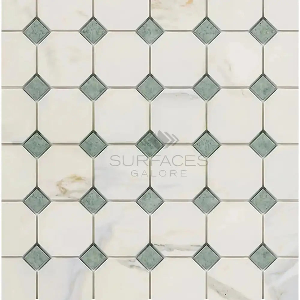 Patterned Tile Mosaic from Calacatta Gold Select Gold Octagon Marble Tile with Ming Green accents