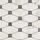 Patterned tile mosaic featuring Calacatta Gold Select Gold Octave marble with blue-gray accents