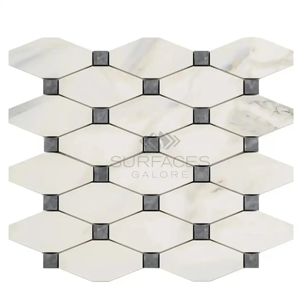 Calacatta Gold Select Mosaic Tile with elongated hexagons and blue-gray accents