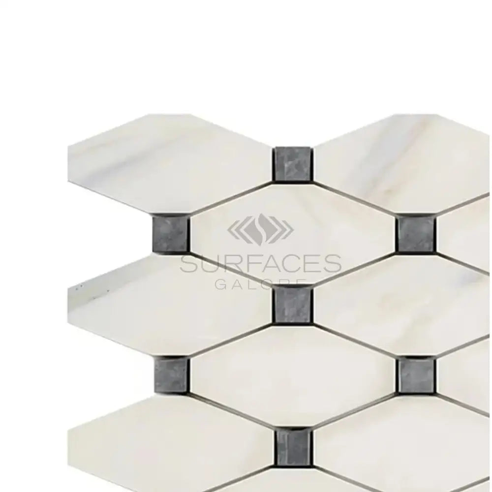 Calacatta Gold Select Gold Octave marble mosaic tile with blue-gray long octagon pattern