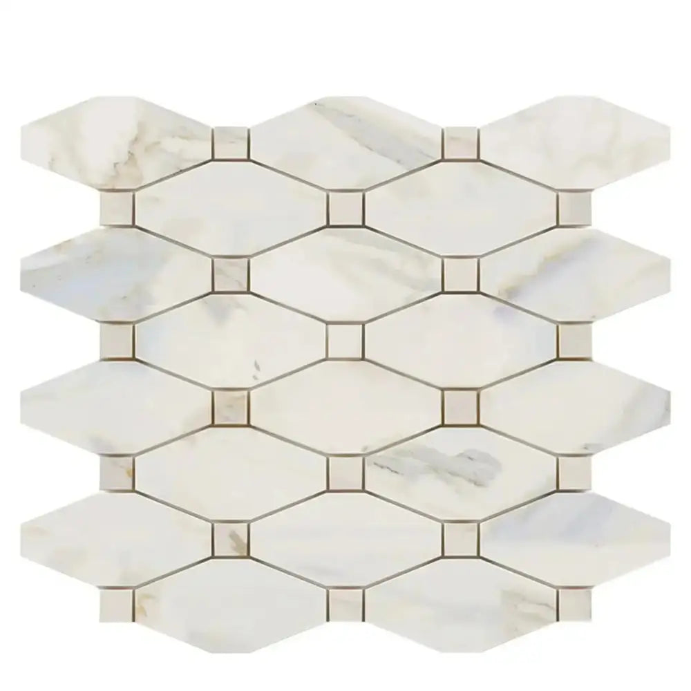 White marble mosaic tile from Calacatta Gold Select with long octagon shape, polished or honed finish