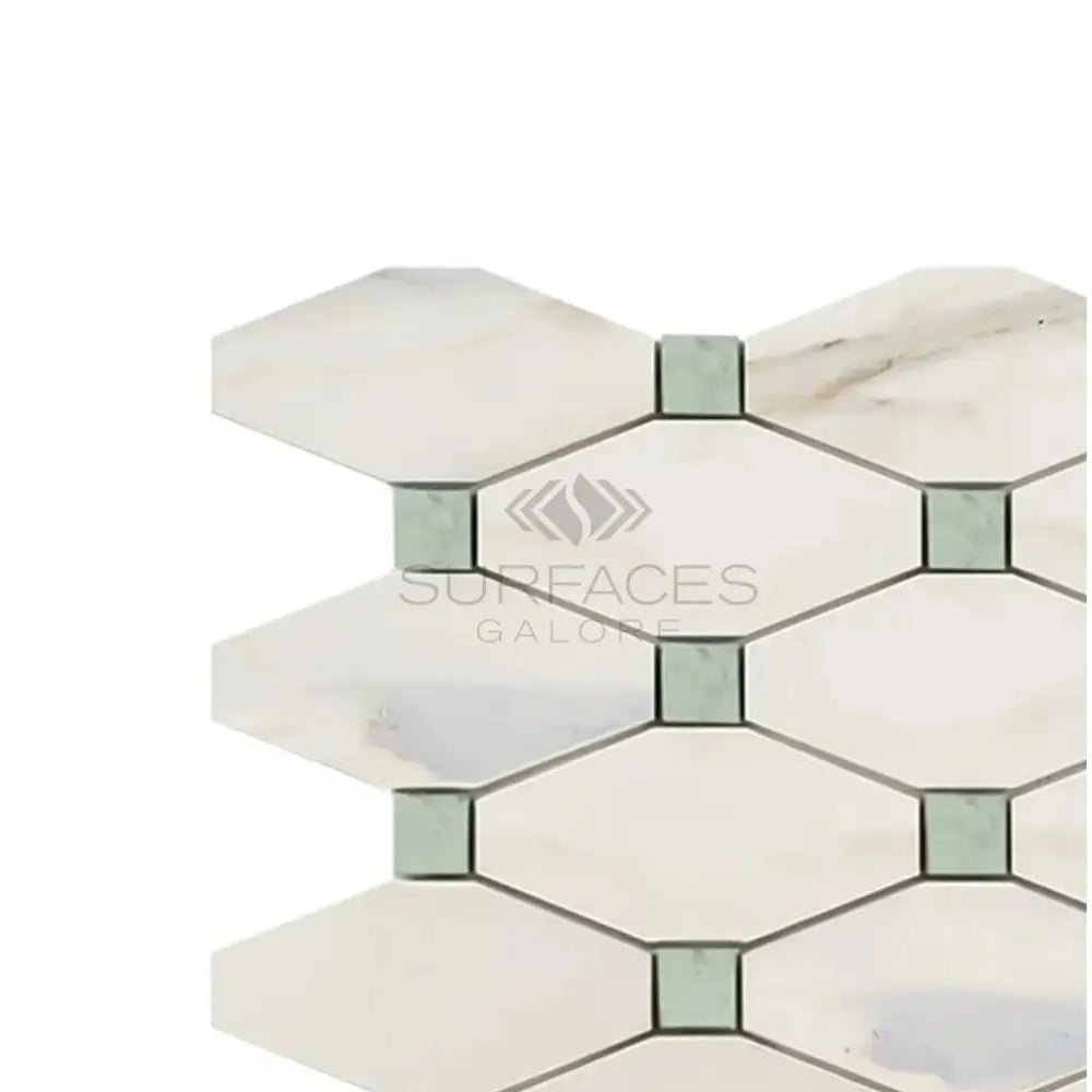Interlocking Calacatta Gold and Ming-Green marble mosaic tile in long octagon pattern