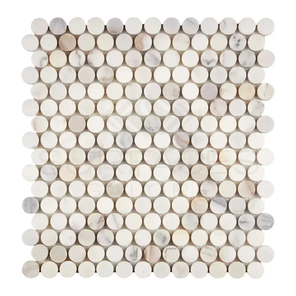 Circular marble mosaic tile sheet featuring Calacatta Gold marble for elegant surfaces