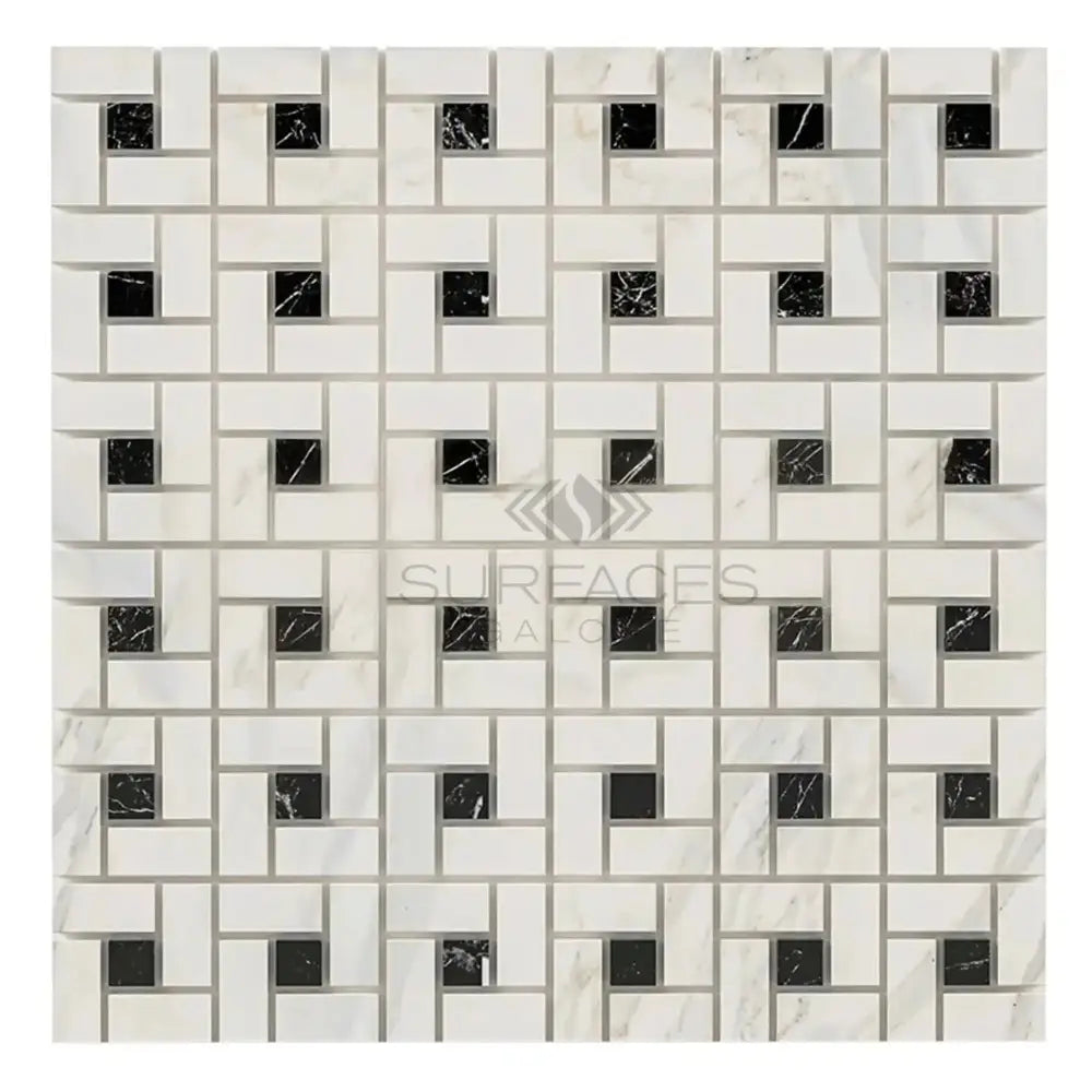 Calacatta Gold Select Gold Pinwheel Mosaic Marble Tile with Black accents