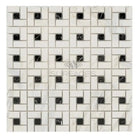 White and black mosaic tile pattern for Calacatta Gold Select Gold Pinwheel Marble Tile