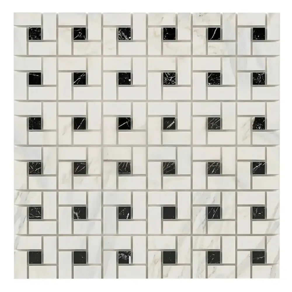 Square mosaic tile pattern featuring Calacatta Gold Select Gold Pinwheel marble