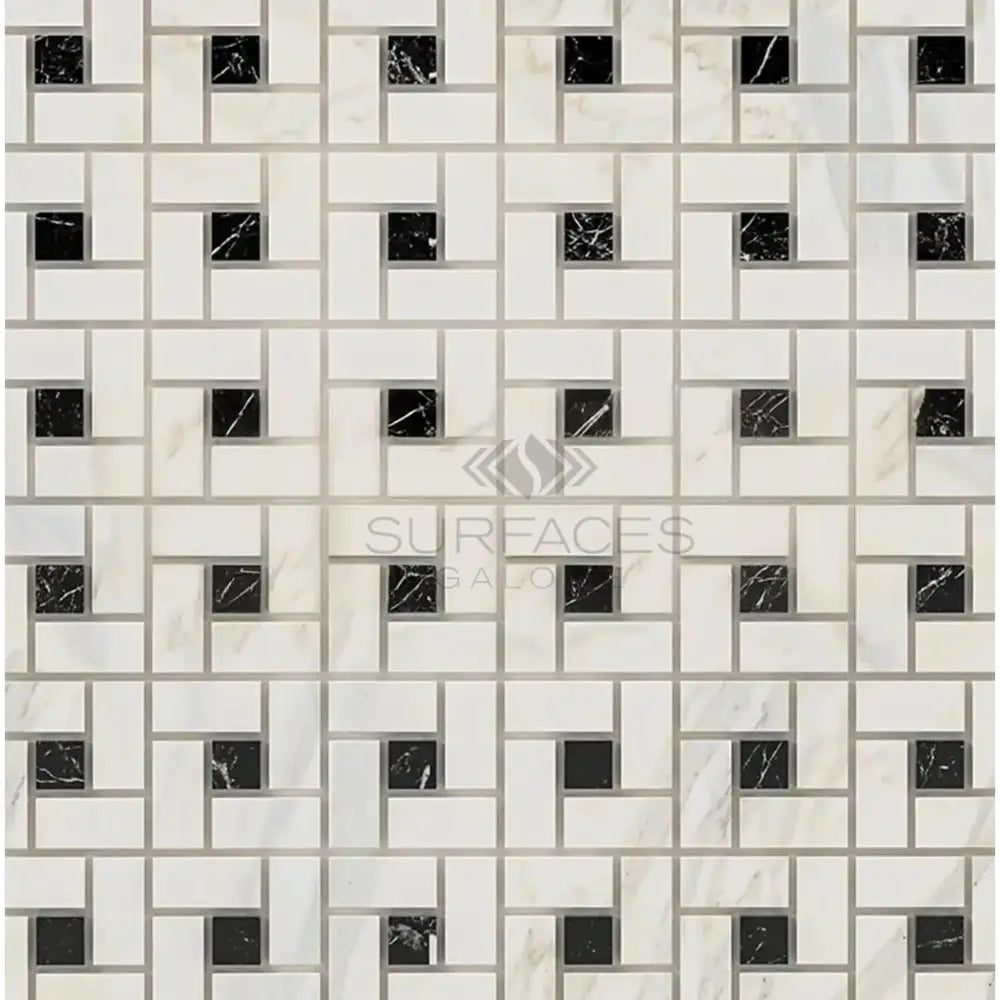 Geometric tile pattern on Calacatta Gold Select Gold Pinwheel Mosaic Marble Tile