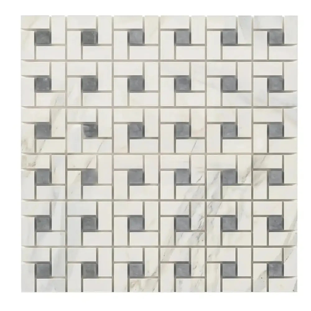 Mosaic tile pattern in Calacatta Gold Select Gold Pinwheel with Blue-Gray accents